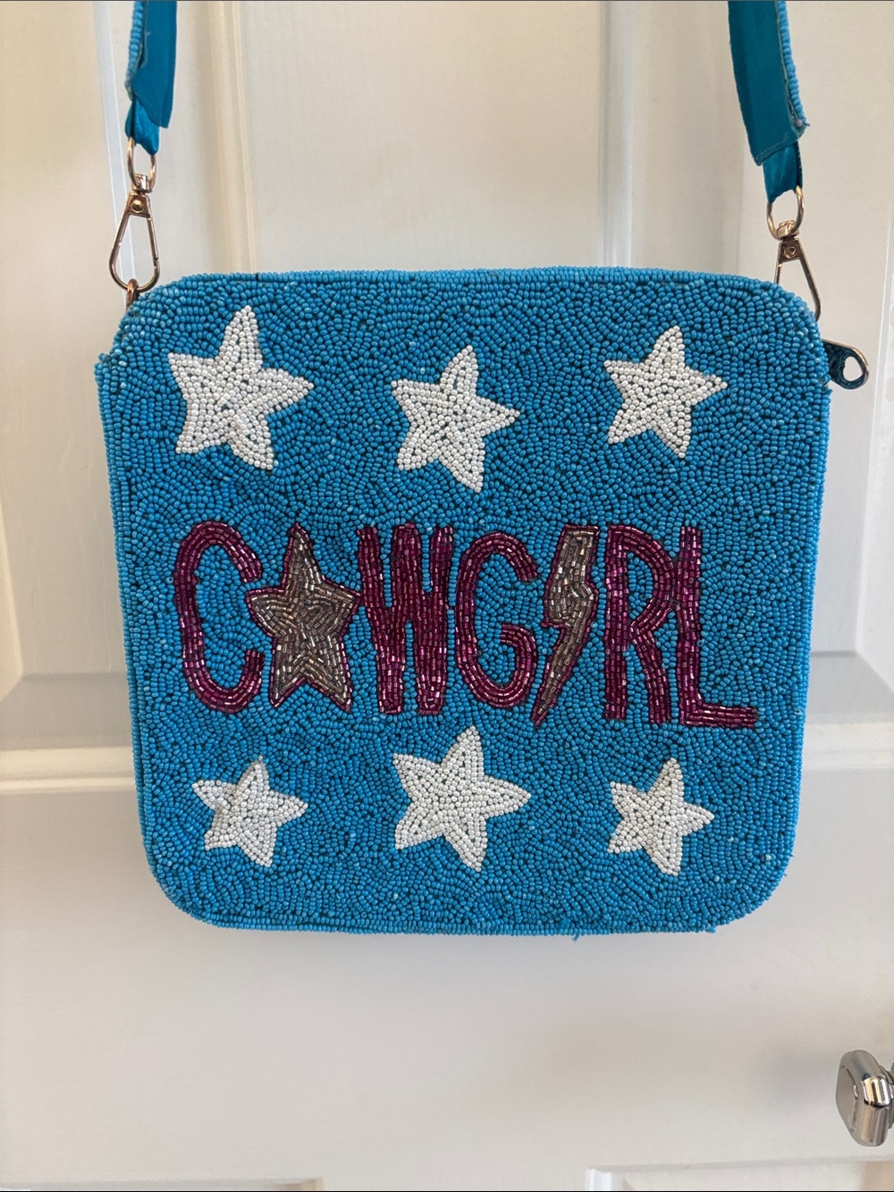 Cowgirl Beaded Blue Crossbody Bag with Stars and Lightning Bolt